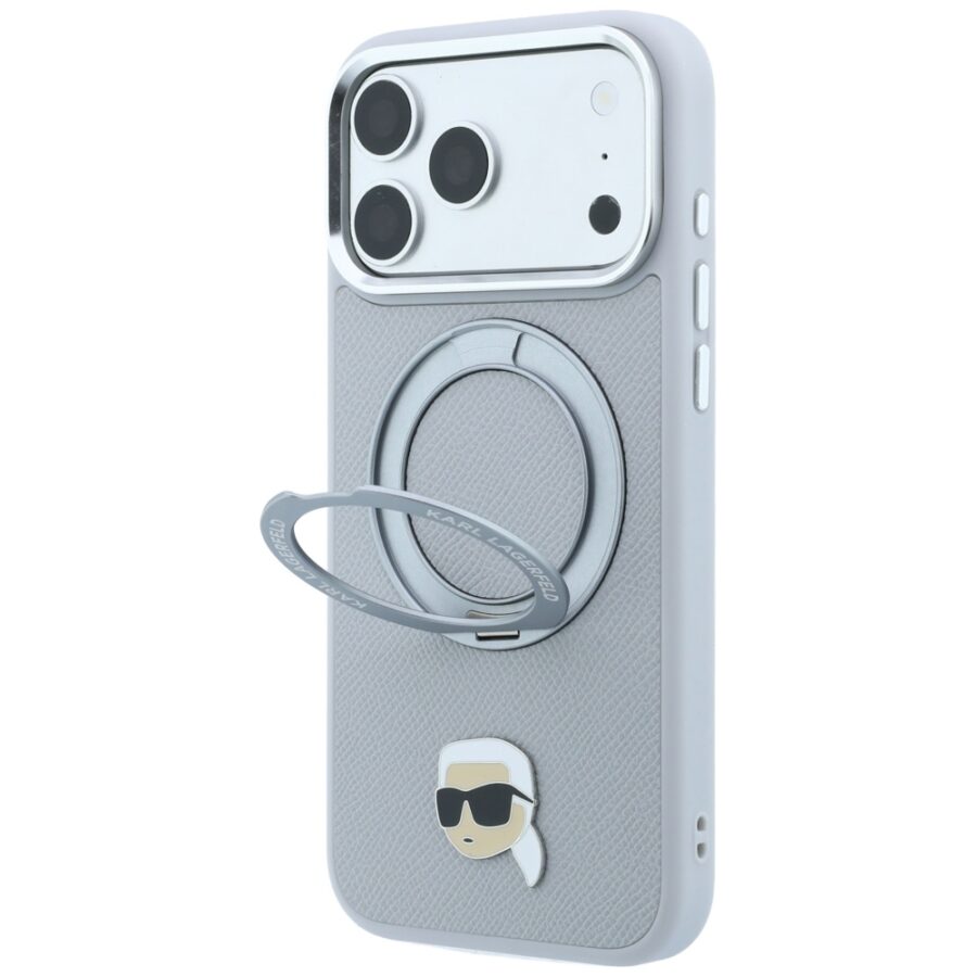 Etui Karl Lagerfeld with Ring Stand 360 Karl Head Pin MagSafe do iPhone 18 Pro / 17 Pro szary