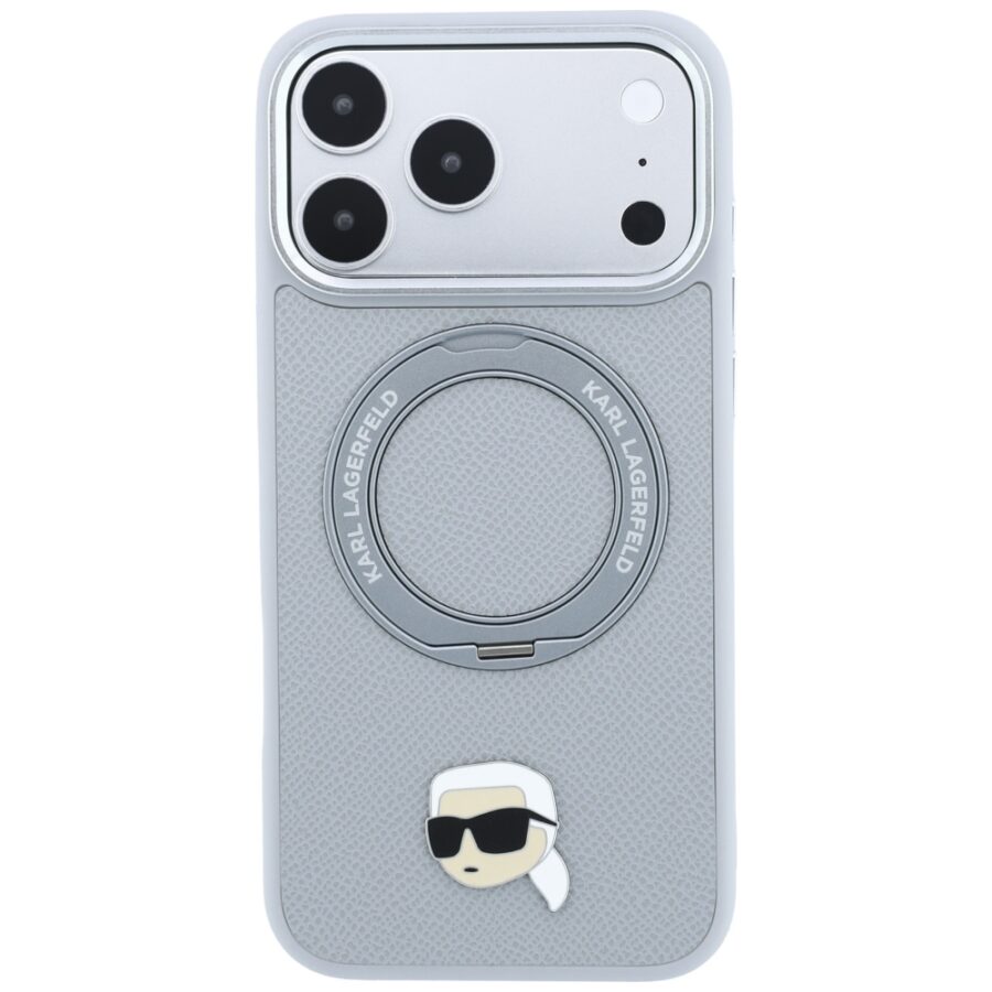 Etui Karl Lagerfeld with Ring Stand 360 Karl Head Pin MagSafe do iPhone 18 Pro / 17 Pro szary
