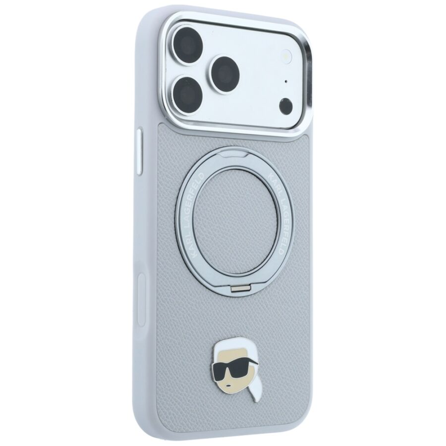 Etui Karl Lagerfeld with Ring Stand 360 Karl Head Pin MagSafe do iPhone 18 Pro / 17 Pro szary