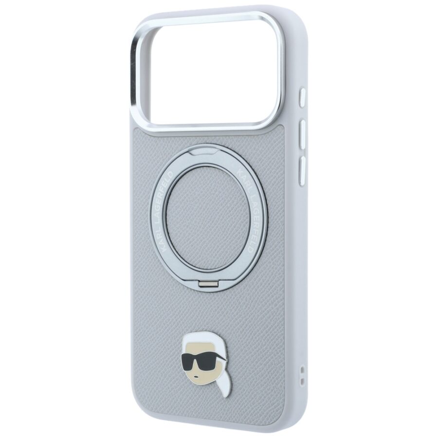 Etui Karl Lagerfeld with Ring Stand 360 Karl Head Pin MagSafe do iPhone 18 Pro / 17 Pro szary