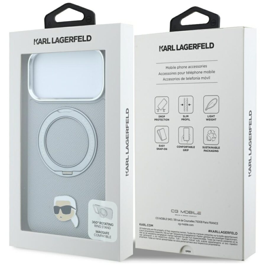 Etui Karl Lagerfeld with Ring Stand 360 Karl Head Pin MagSafe do iPhone 18 Pro / 17 Pro szary