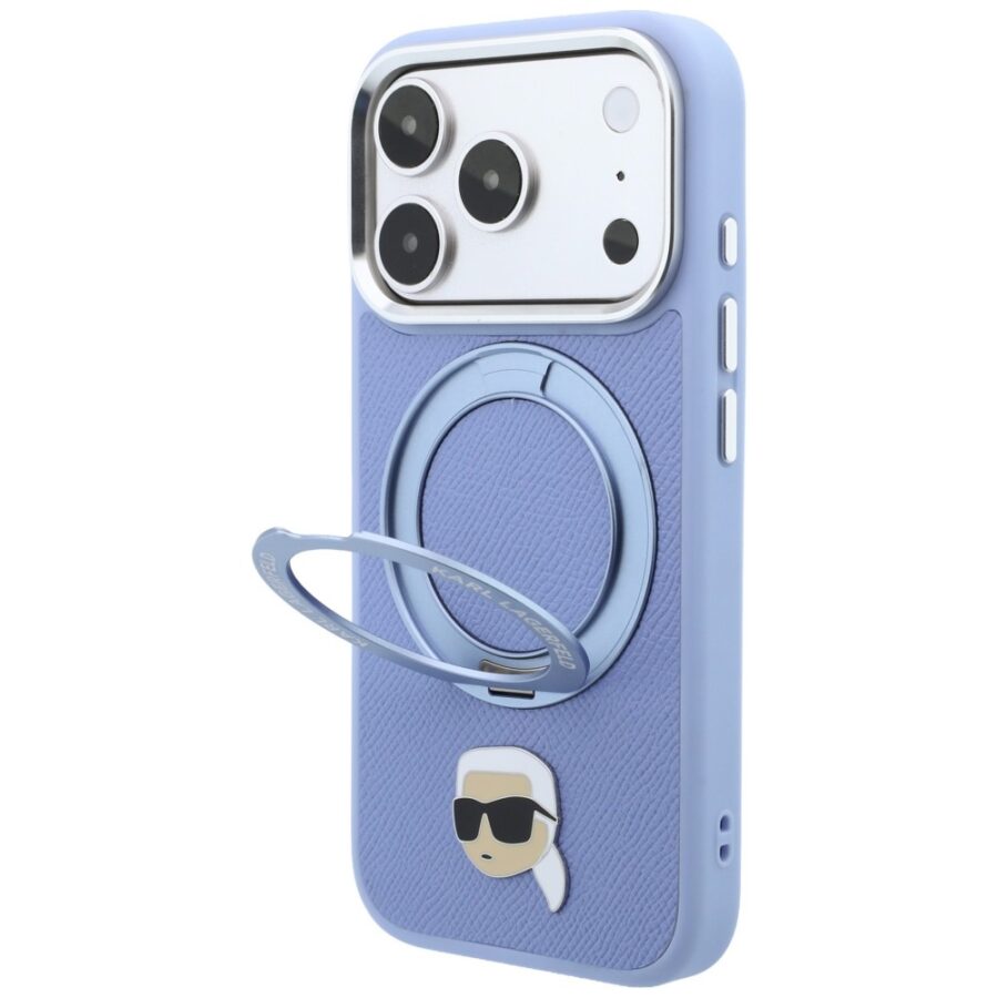 Etui Karl Lagerfeld with Ring Stand 360 Karl Head Pin MagSafe do iPhone 18 Pro Max / 17 Pro Max jasnoniebieski
