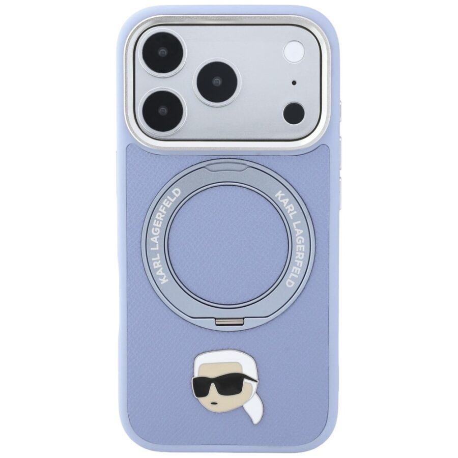 Etui Karl Lagerfeld with Ring Stand 360 Karl Head Pin MagSafe do iPhone 18 Pro Max / 17 Pro Max jasnoniebieski
