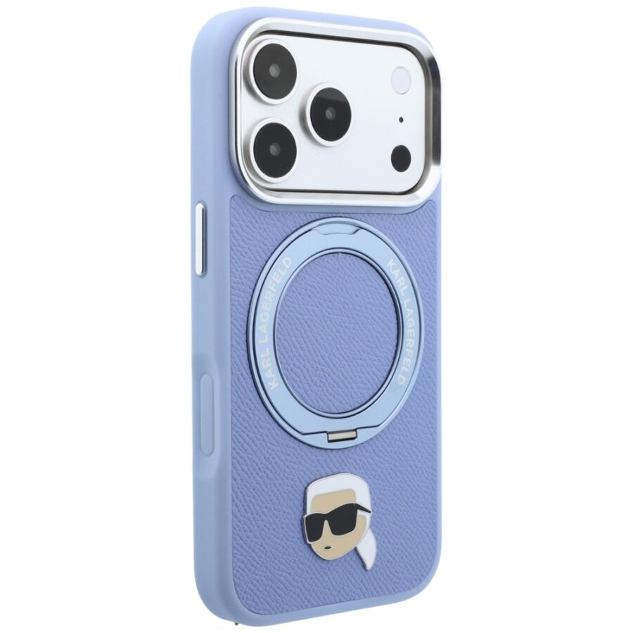 Etui Karl Lagerfeld with Ring Stand 360 Karl Head Pin MagSafe do iPhone 18 Pro Max / 17 Pro Max jasnoniebieski