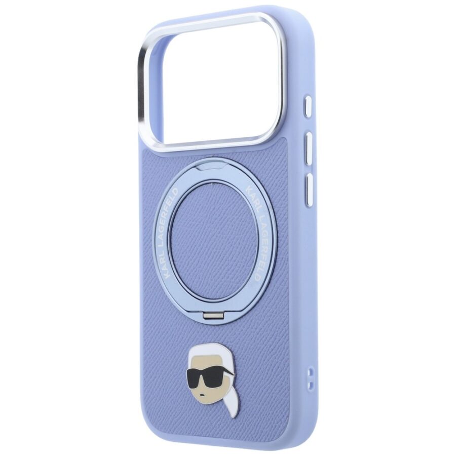 Etui Karl Lagerfeld with Ring Stand 360 Karl Head Pin MagSafe do iPhone 18 Pro Max / 17 Pro Max jasnoniebieski