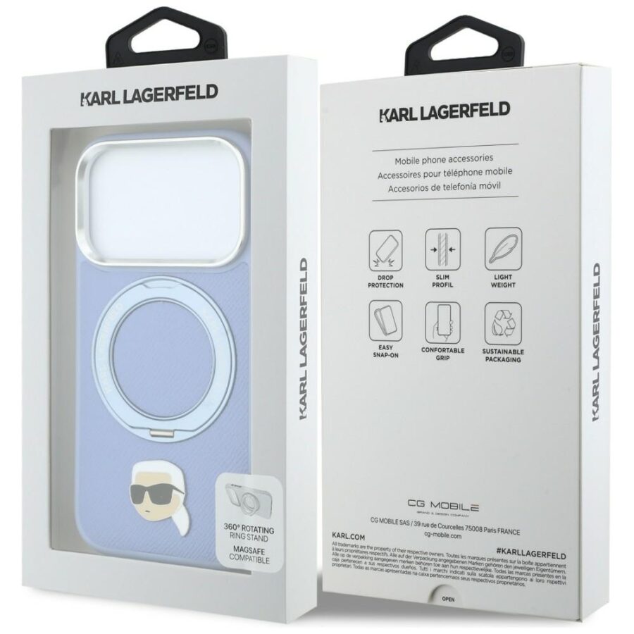Etui Karl Lagerfeld with Ring Stand 360 Karl Head Pin MagSafe do iPhone 18 Pro Max / 17 Pro Max jasnoniebieski