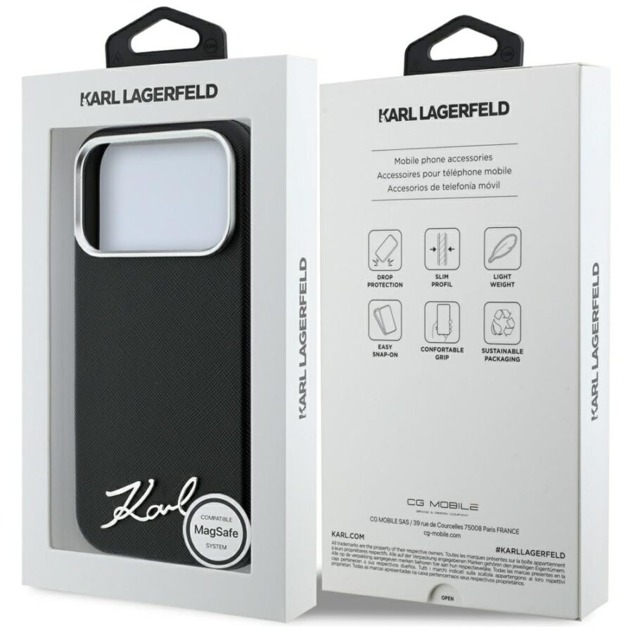 Etui Karl Lagerfeld Saffiano Small Script Metal Logo MagSafe do iPhone 18 Pro / 17 Pro czarny