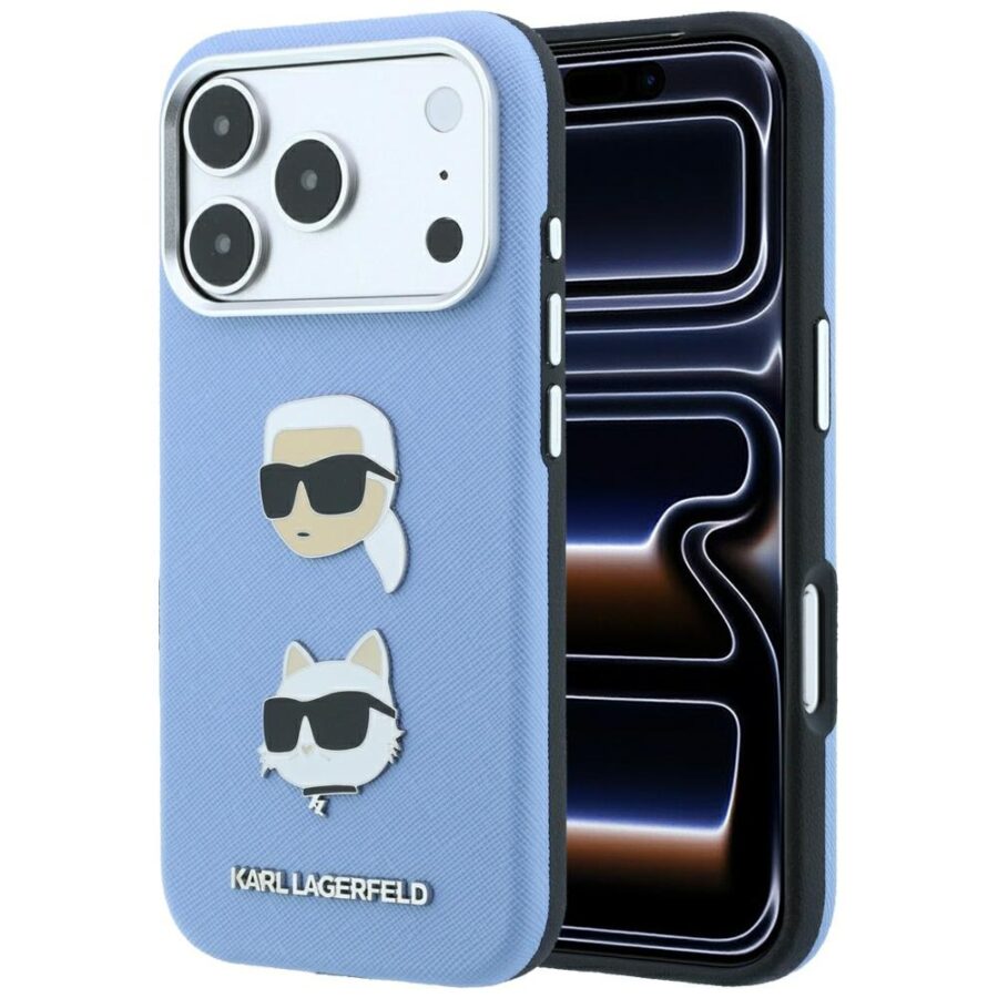 Etui Karl Lagerfeld Saffiano with Karl & Choupette Heads Pins & Logo do iPhone 18 Pro / 17 Pro jasnoniebieski