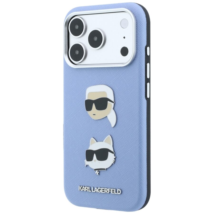 Etui Karl Lagerfeld Saffiano with Karl & Choupette Heads Pins & Logo do iPhone 18 Pro / 17 Pro jasnoniebieski
