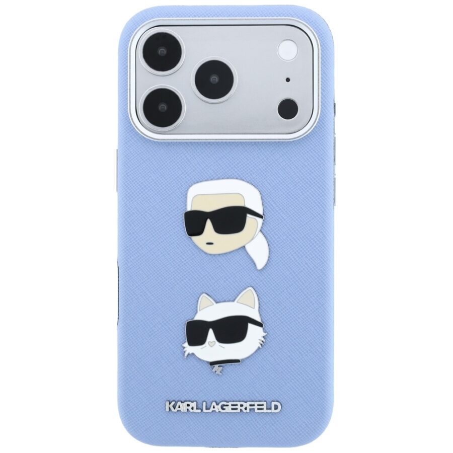 Etui Karl Lagerfeld Saffiano with Karl & Choupette Heads Pins & Logo do iPhone 18 Pro / 17 Pro jasnoniebieski