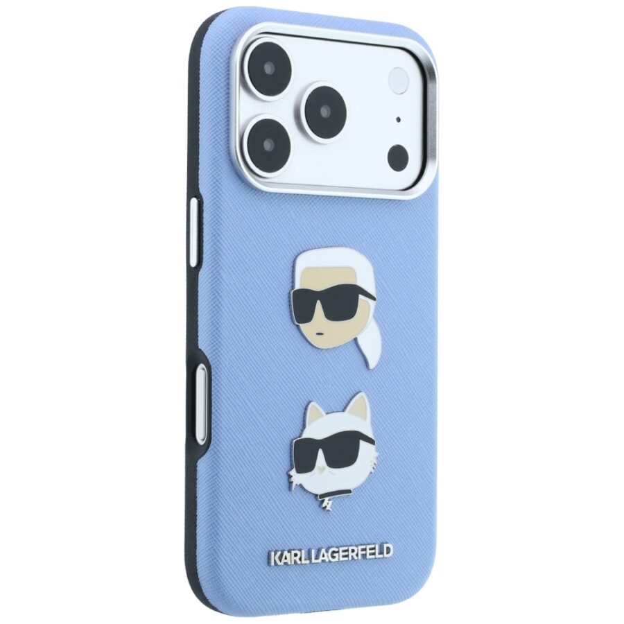 Etui Karl Lagerfeld Saffiano with Karl & Choupette Heads Pins & Logo do iPhone 18 Pro / 17 Pro jasnoniebieski