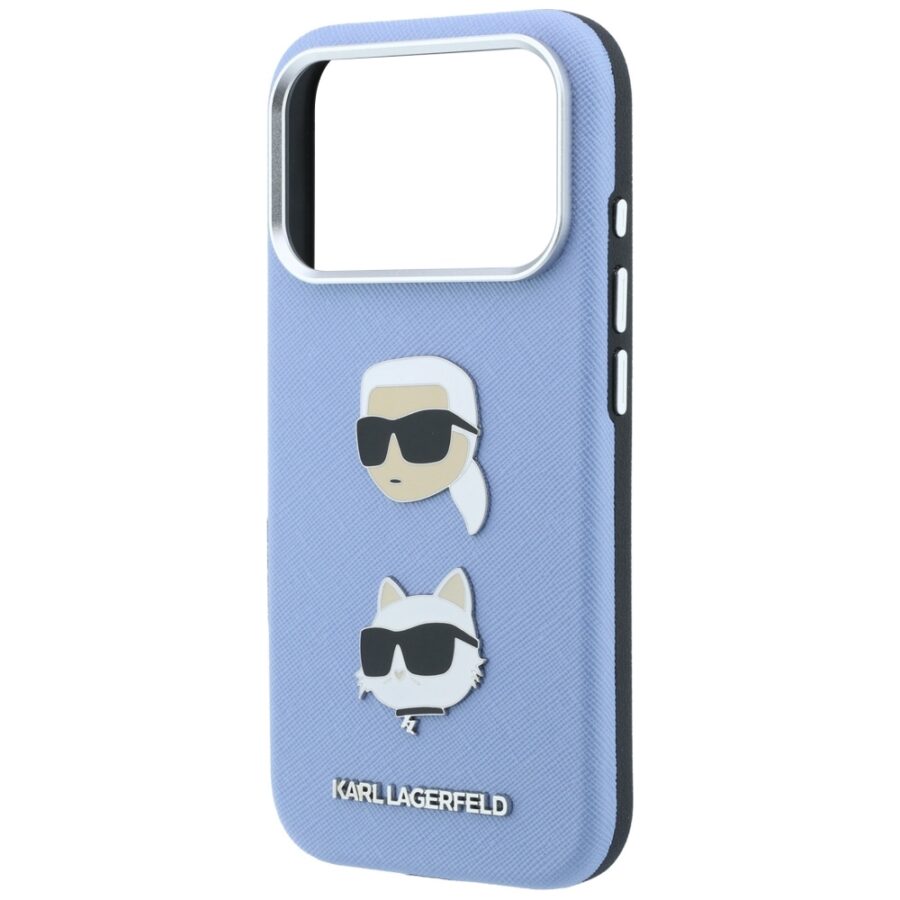 Etui Karl Lagerfeld Saffiano with Karl & Choupette Heads Pins & Logo do iPhone 18 Pro / 17 Pro jasnoniebieski