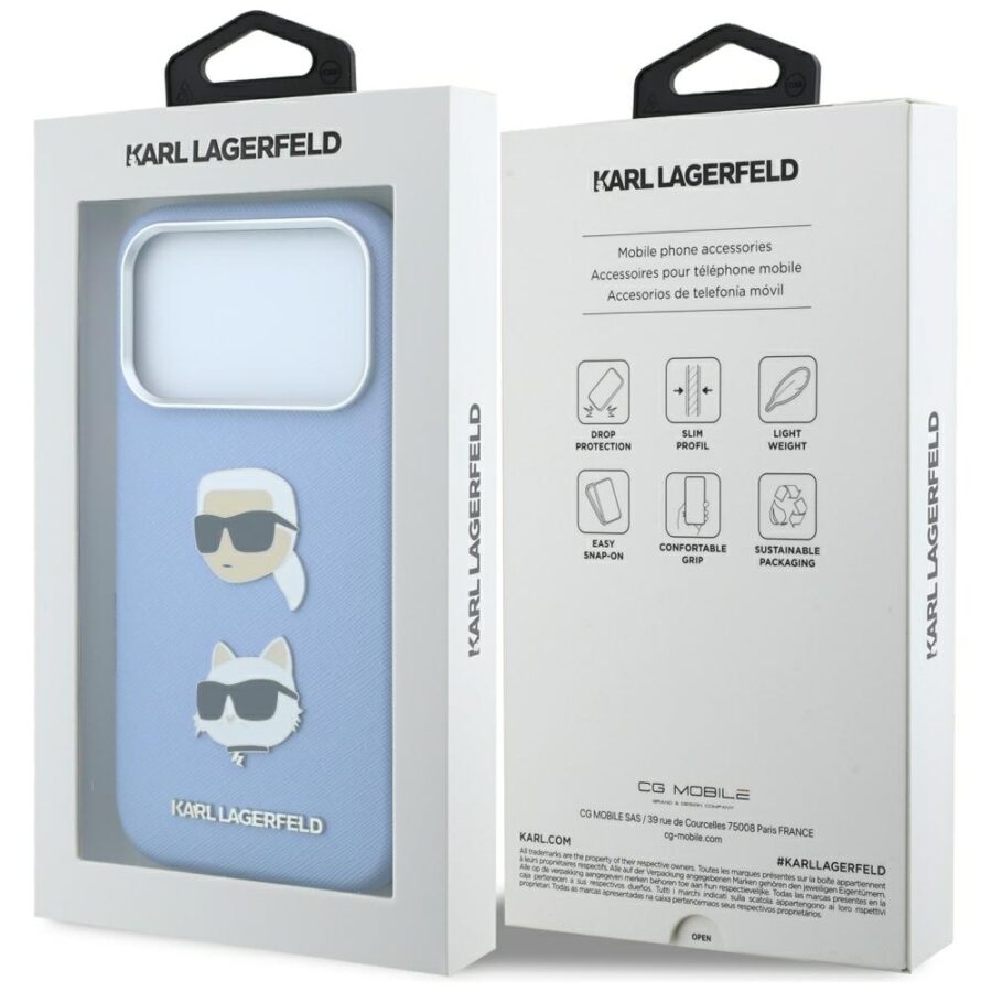 Etui Karl Lagerfeld Saffiano with Karl & Choupette Heads Pins & Logo do iPhone 18 Pro / 17 Pro jasnoniebieski