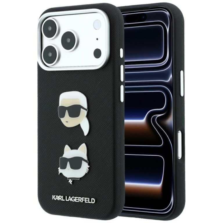 Etui Karl Lagerfeld Saffiano with Karl & Choupette Heads Pins & Logo do iPhone 18 Pro / 17 Pro czarny