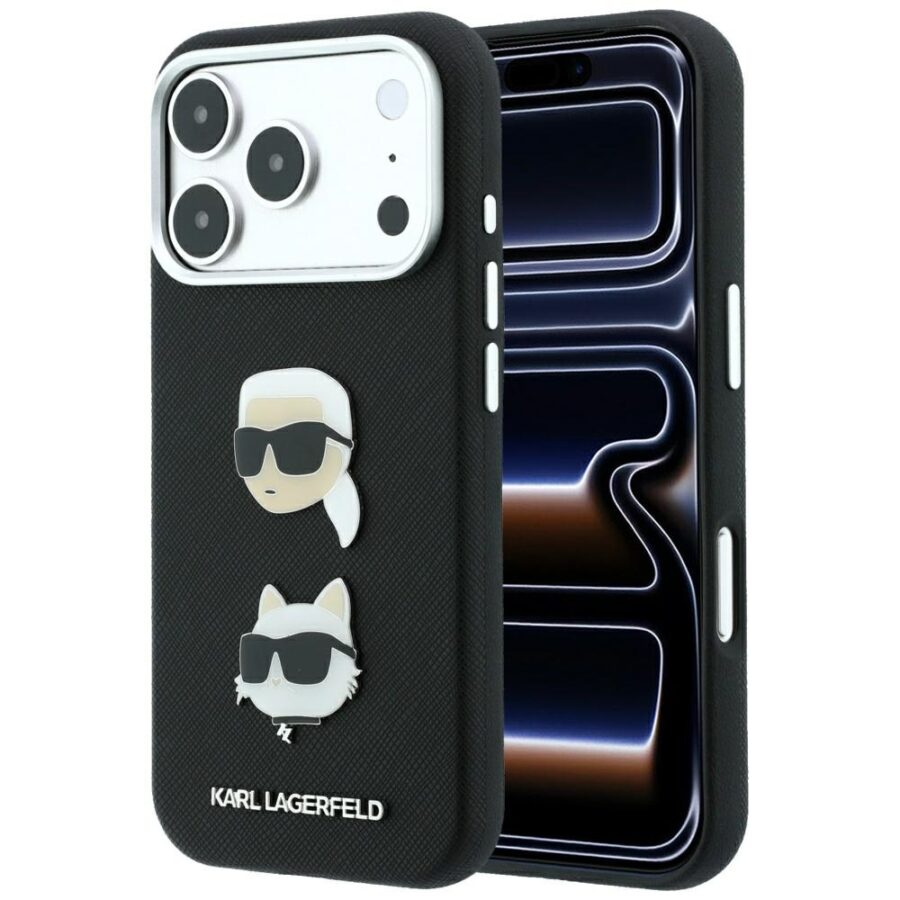 Etui Karl Lagerfeld Saffiano with Karl & Choupette Heads Pins & Logo do iPhone 18 Pro / 17 Pro czarny