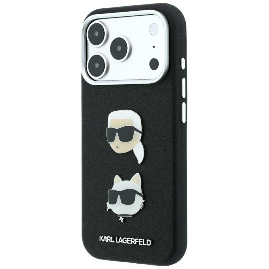Etui Karl Lagerfeld Saffiano with Karl & Choupette Heads Pins & Logo do iPhone 18 Pro / 17 Pro czarny