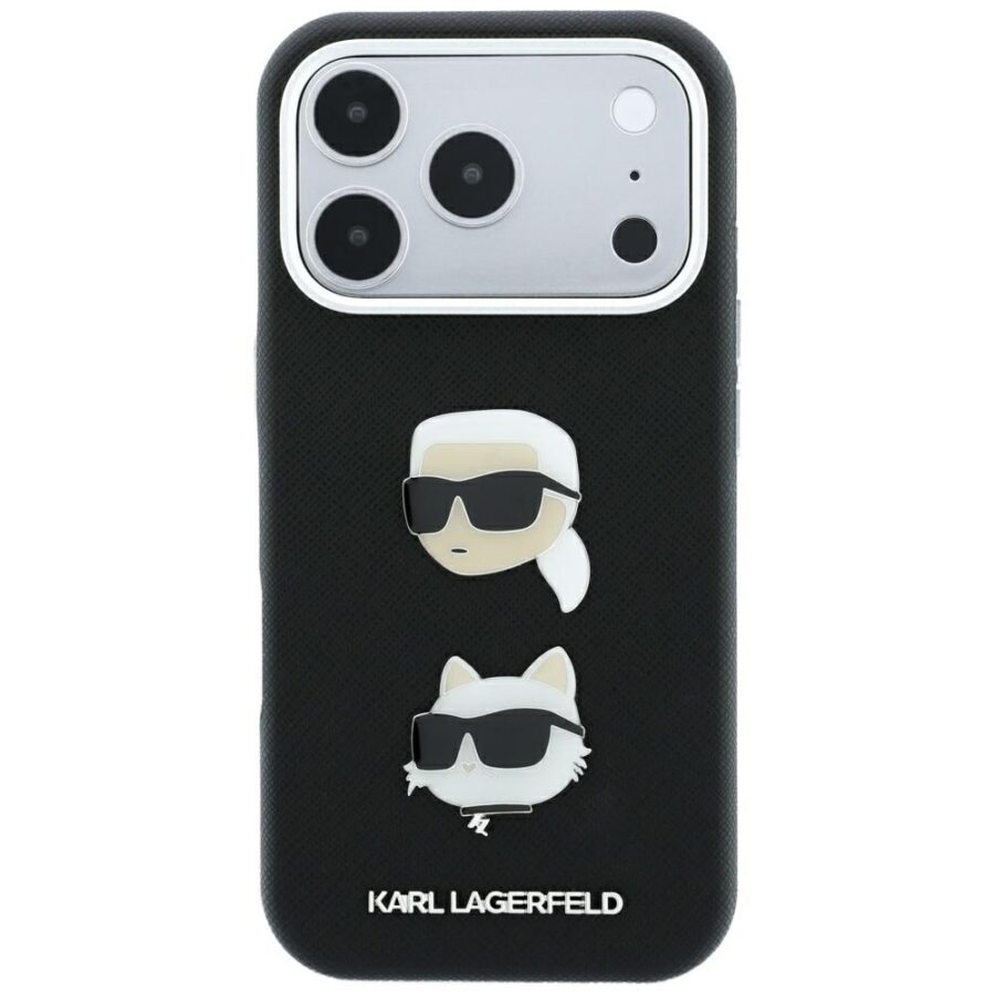 Etui Karl Lagerfeld Saffiano with Karl & Choupette Heads Pins & Logo do iPhone 18 Pro / 17 Pro czarny