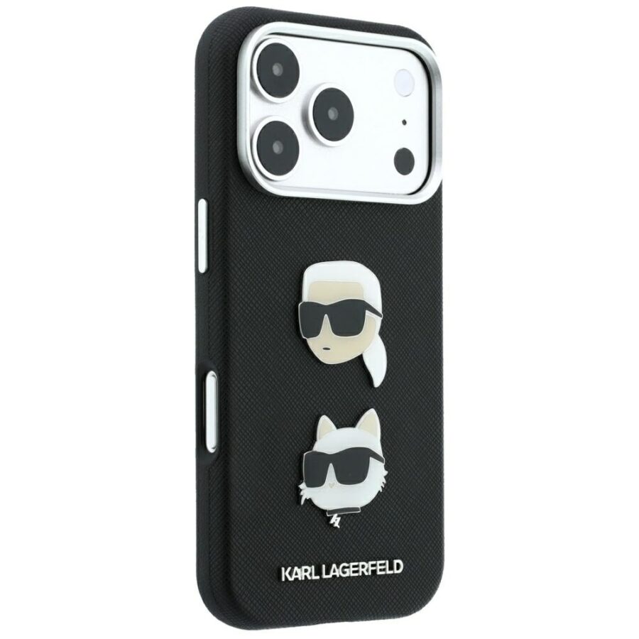 Etui Karl Lagerfeld Saffiano with Karl & Choupette Heads Pins & Logo do iPhone 18 Pro / 17 Pro czarny