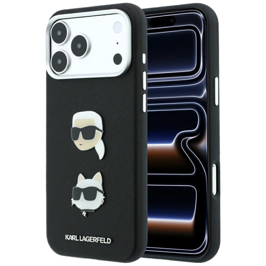 Etui Karl Lagerfeld Saffiano with Karl & Choupette Heads Pins & Logo do iPhone 18 Pro Max / 17 Pro Max czarny