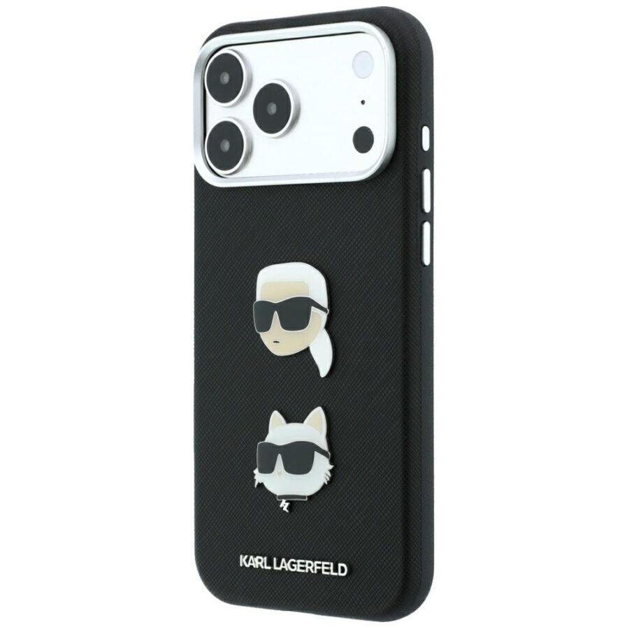 Etui Karl Lagerfeld Saffiano with Karl & Choupette Heads Pins & Logo do iPhone 18 Pro Max / 17 Pro Max czarny