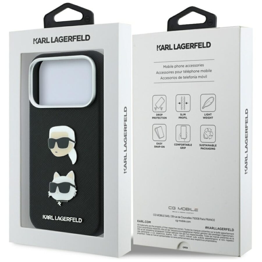 Etui Karl Lagerfeld Saffiano with Karl & Choupette Heads Pins & Logo do iPhone 18 Pro Max / 17 Pro Max czarny