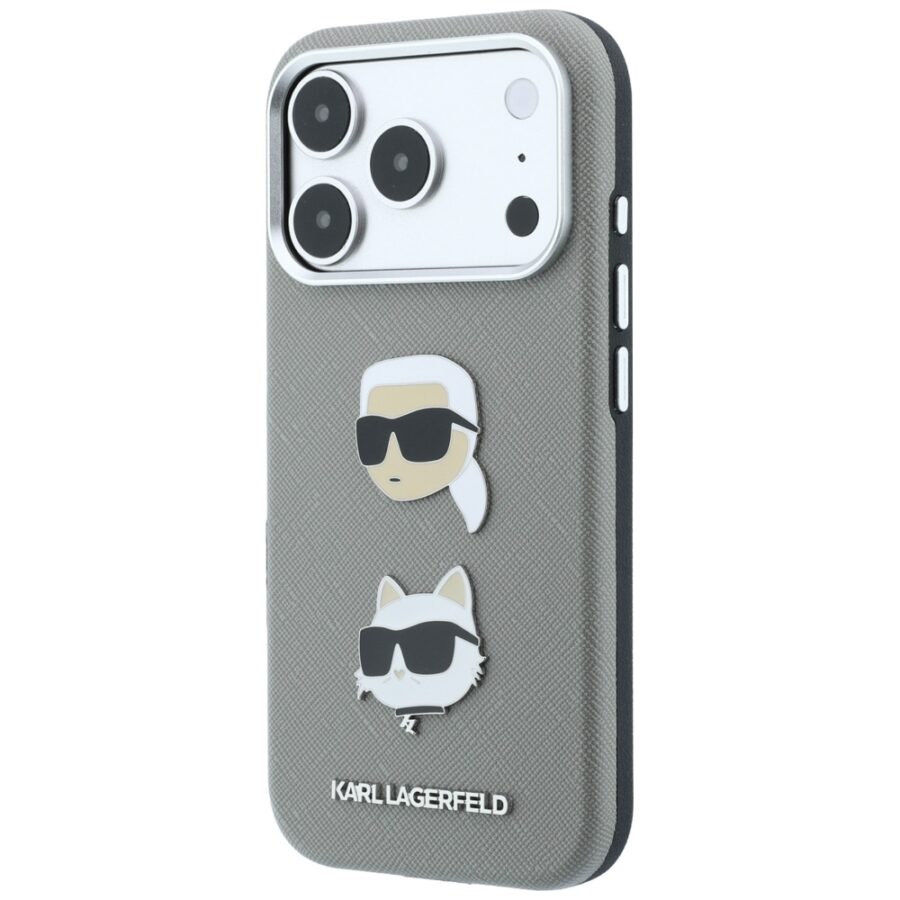 Etui Karl Lagerfeld Saffiano with Karl & Choupette Heads Pins & Logo do iPhone 18 Pro / 17 Pro szary