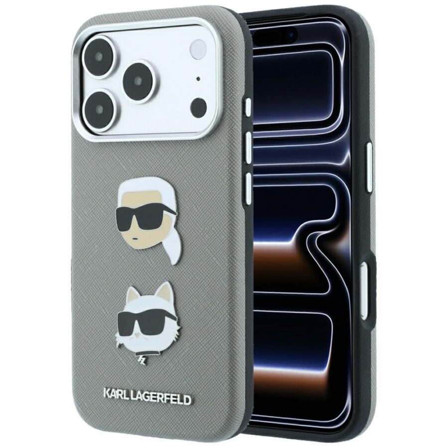 Etui Karl Lagerfeld Saffiano with Karl & Choupette Heads Pins & Logo do iPhone 18 Pro Max / 17 Pro Max szary