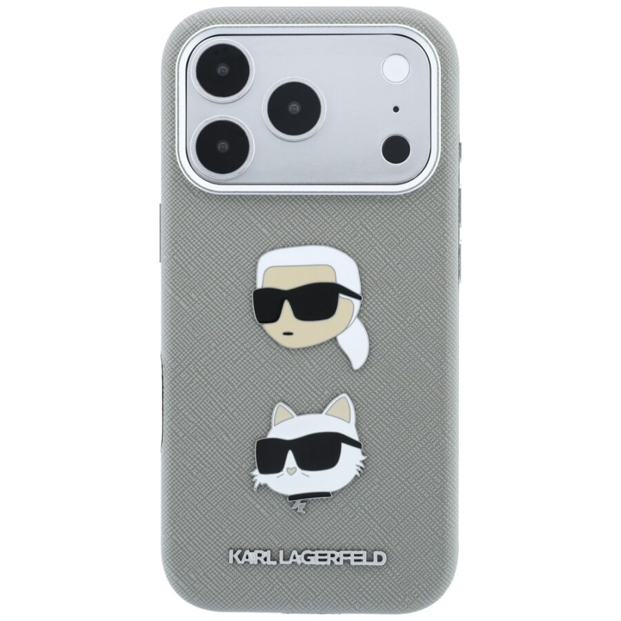 Etui Karl Lagerfeld Saffiano with Karl & Choupette Heads Pins & Logo do iPhone 18 Pro Max / 17 Pro Max szary