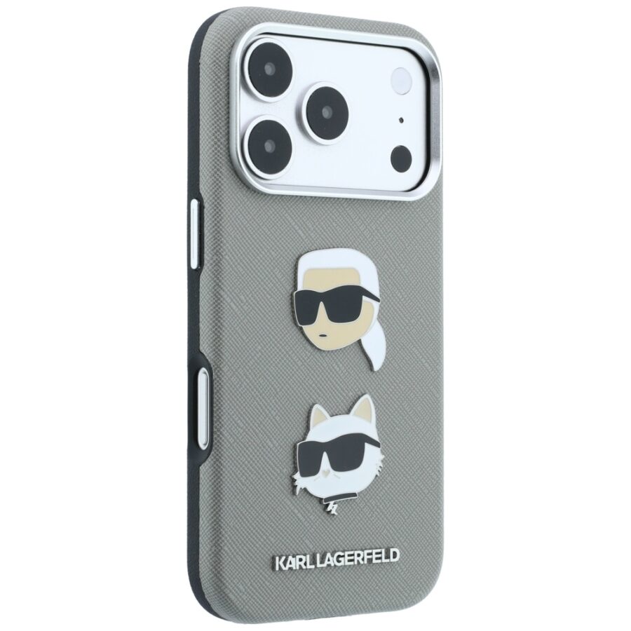 Etui Karl Lagerfeld Saffiano with Karl & Choupette Heads Pins & Logo do iPhone 18 Pro Max / 17 Pro Max szary