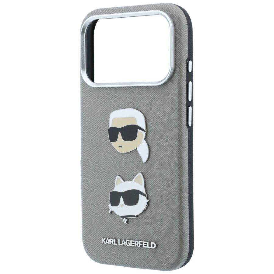 Etui Karl Lagerfeld Saffiano with Karl & Choupette Heads Pins & Logo do iPhone 18 Pro Max / 17 Pro Max szary