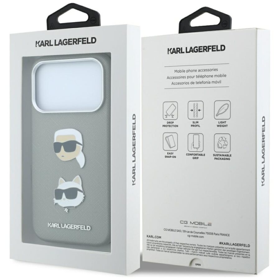Etui Karl Lagerfeld Saffiano with Karl & Choupette Heads Pins & Logo do iPhone 18 Pro Max / 17 Pro Max szary