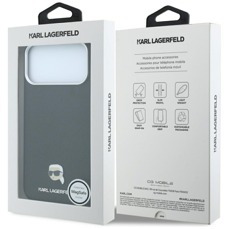 Etui Karl Lagerfeld Grained Karl Head Metal MagSafe do iPhone 18 Pro / 17 Pro czarny