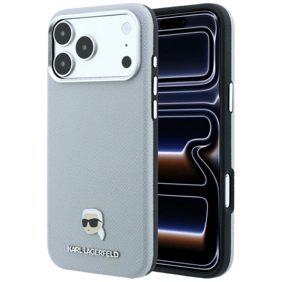 Etui Karl Lagerfeld Grained Karl Head Metal MagSafe do iPhone 18 Pro / 17 Pro szary