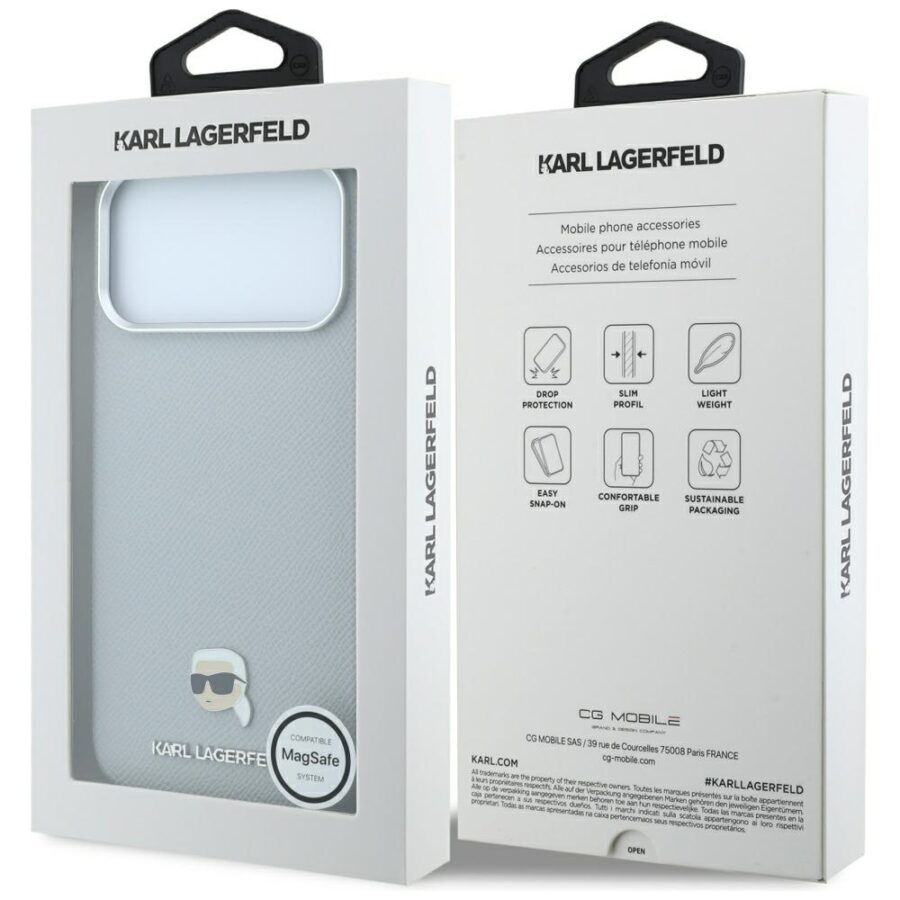 Etui Karl Lagerfeld Grained Karl Head Metal MagSafe do iPhone 18 Pro / 17 Pro szary
