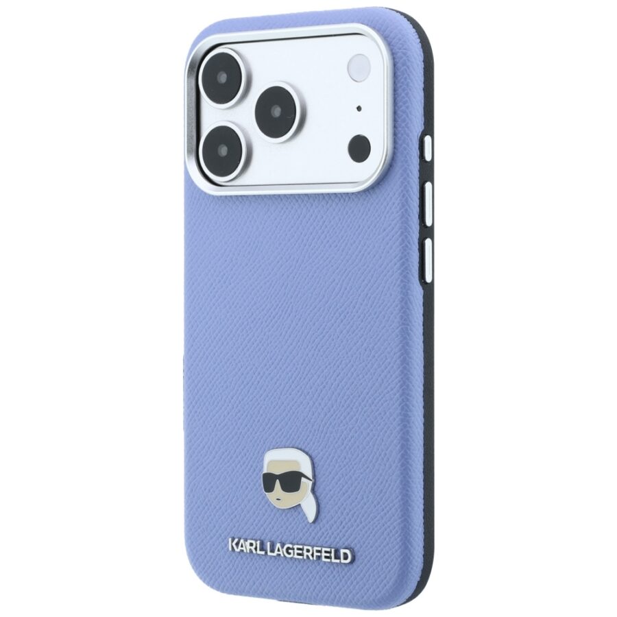 Etui Karl Lagerfeld Grained Karl Head Metal MagSafe do iPhone 18 Pro / 17 Pro jasnoniebieski