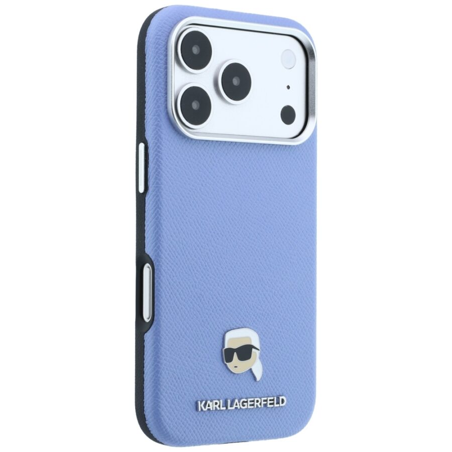 Etui Karl Lagerfeld Grained Karl Head Metal MagSafe do iPhone 18 Pro / 17 Pro jasnoniebieski