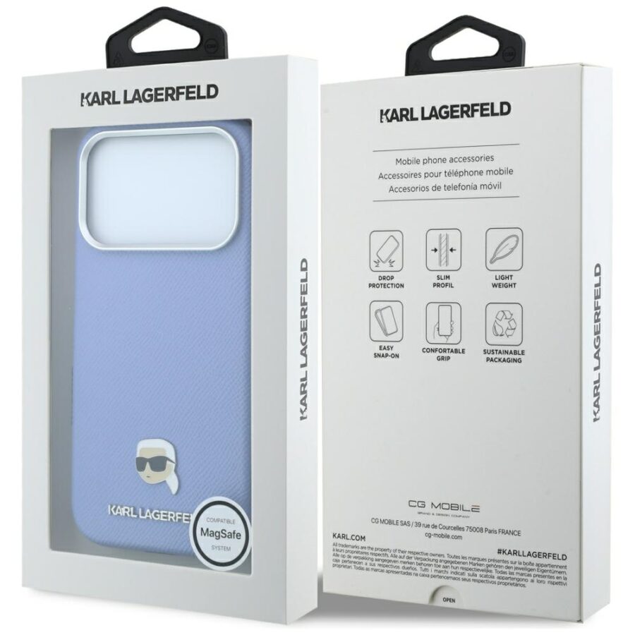 Etui Karl Lagerfeld Grained Karl Head Metal MagSafe do iPhone 18 Pro / 17 Pro jasnoniebieski