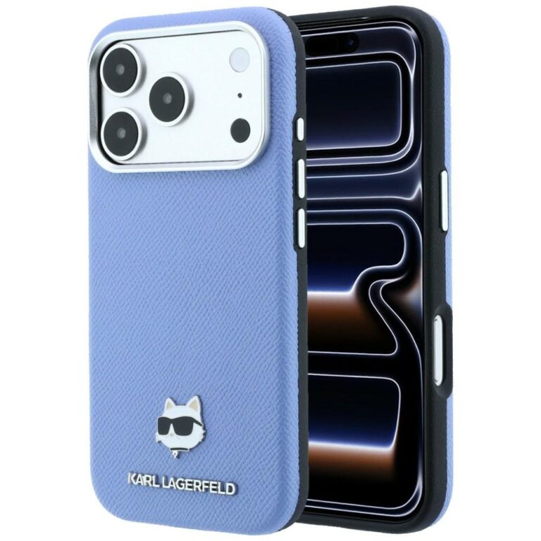 Etui Karl Lagerfeld Grained Choupette Head Metal MagSafe do iPhone 18 Pro / 17 Pro jasnoniebieski