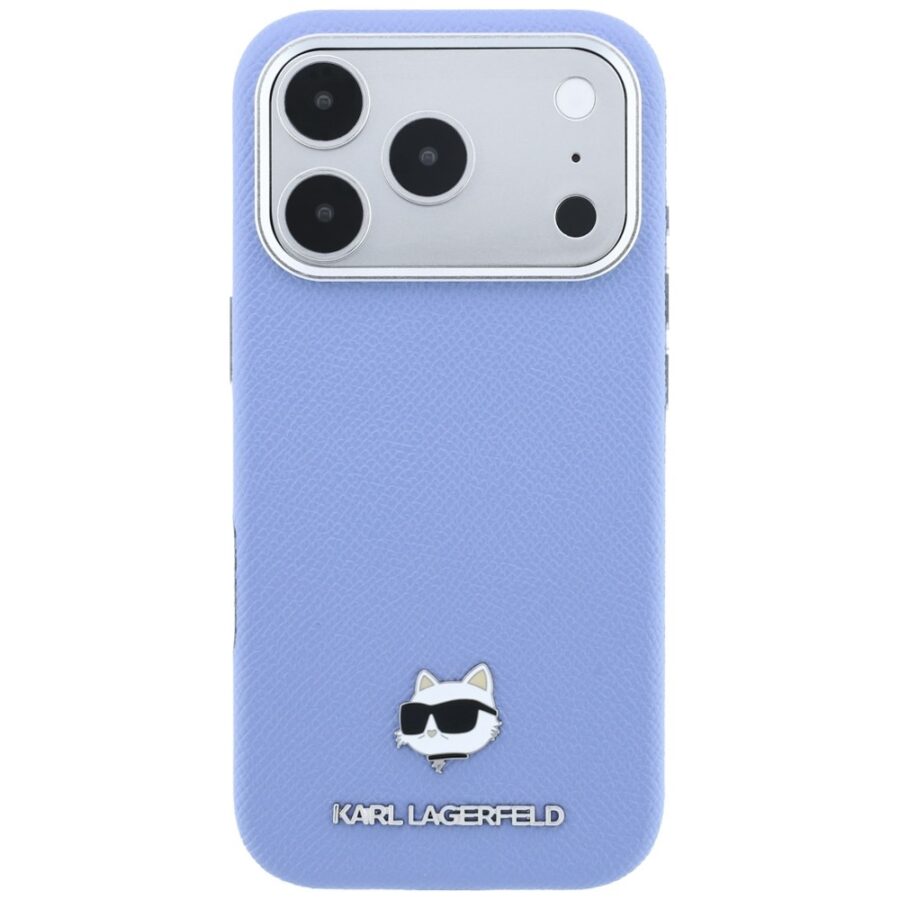 Etui Karl Lagerfeld Grained Choupette Head Metal MagSafe do iPhone 18 Pro / 17 Pro jasnoniebieski