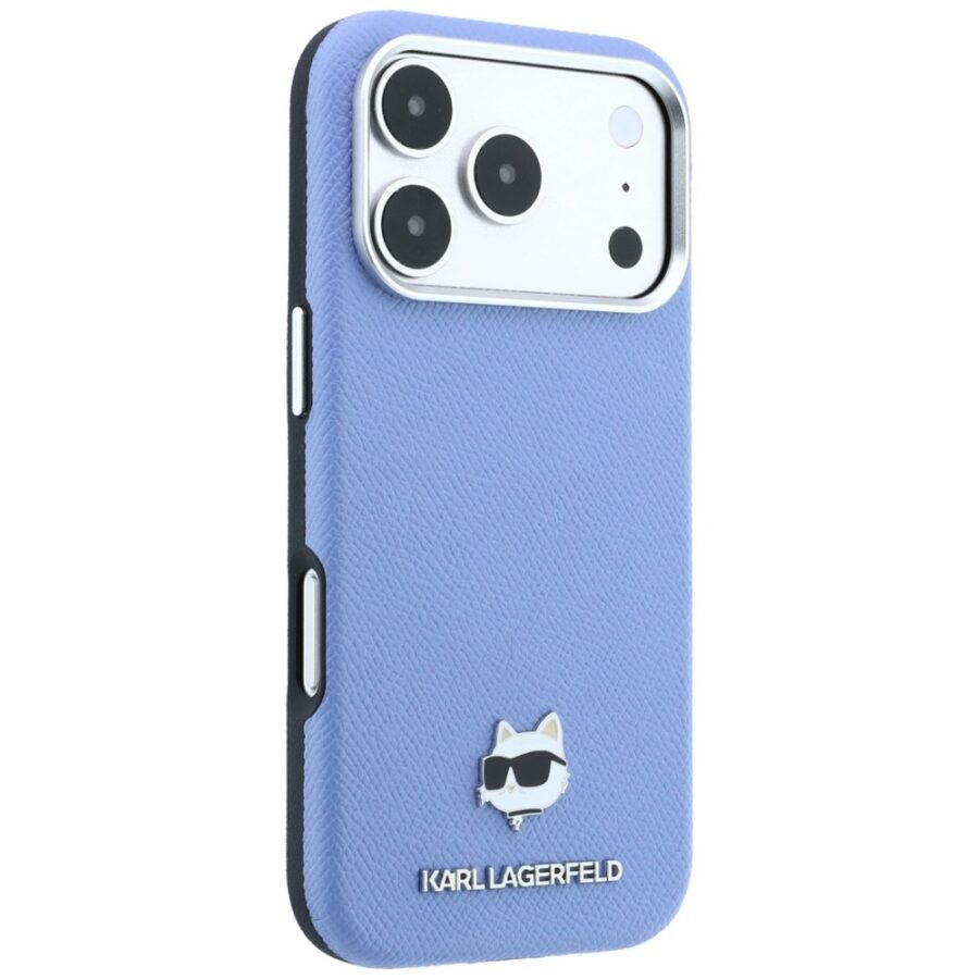 Etui Karl Lagerfeld Grained Choupette Head Metal MagSafe do iPhone 18 Pro / 17 Pro jasnoniebieski