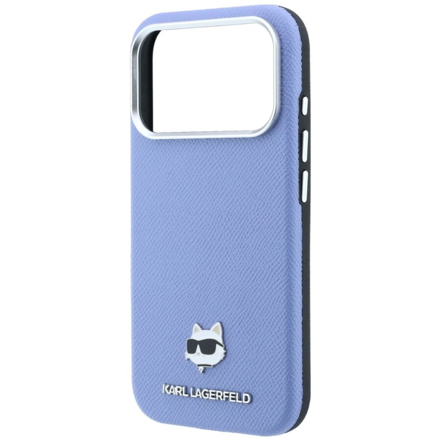 Etui Karl Lagerfeld Grained Choupette Head Metal MagSafe do iPhone 18 Pro / 17 Pro jasnoniebieski