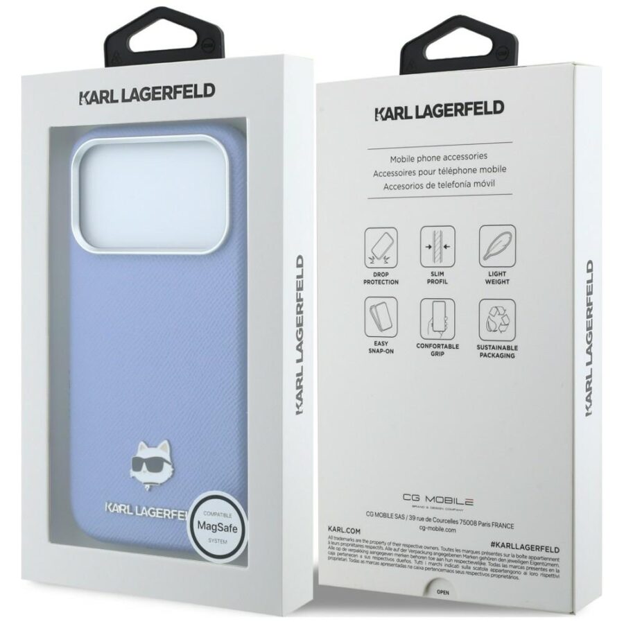 Etui Karl Lagerfeld Grained Choupette Head Metal MagSafe do iPhone 18 Pro / 17 Pro jasnoniebieski