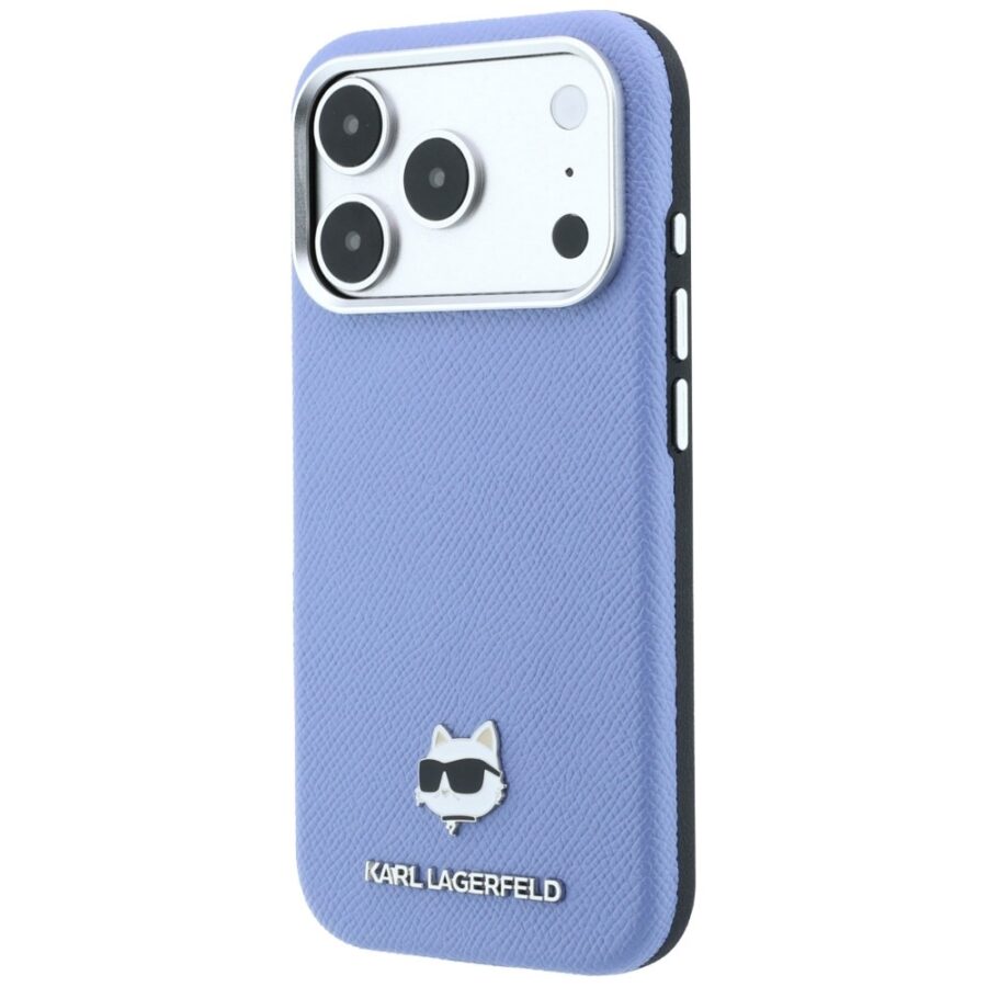Etui Karl Lagerfeld Grained Choupette Head Metal MagSafe do iPhone 18 Pro Max / 17 Pro Max jasnoniebieski