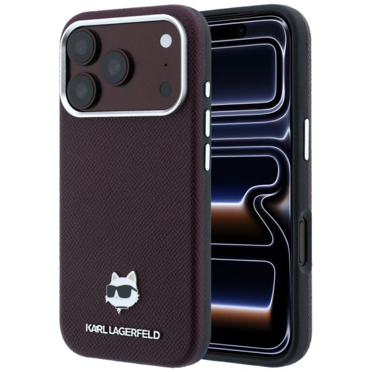 Etui Karl Lagerfeld Grained Choupette Head Metal MagSafe do iPhone 18 Pro Max / 17 Pro Max burgundowy