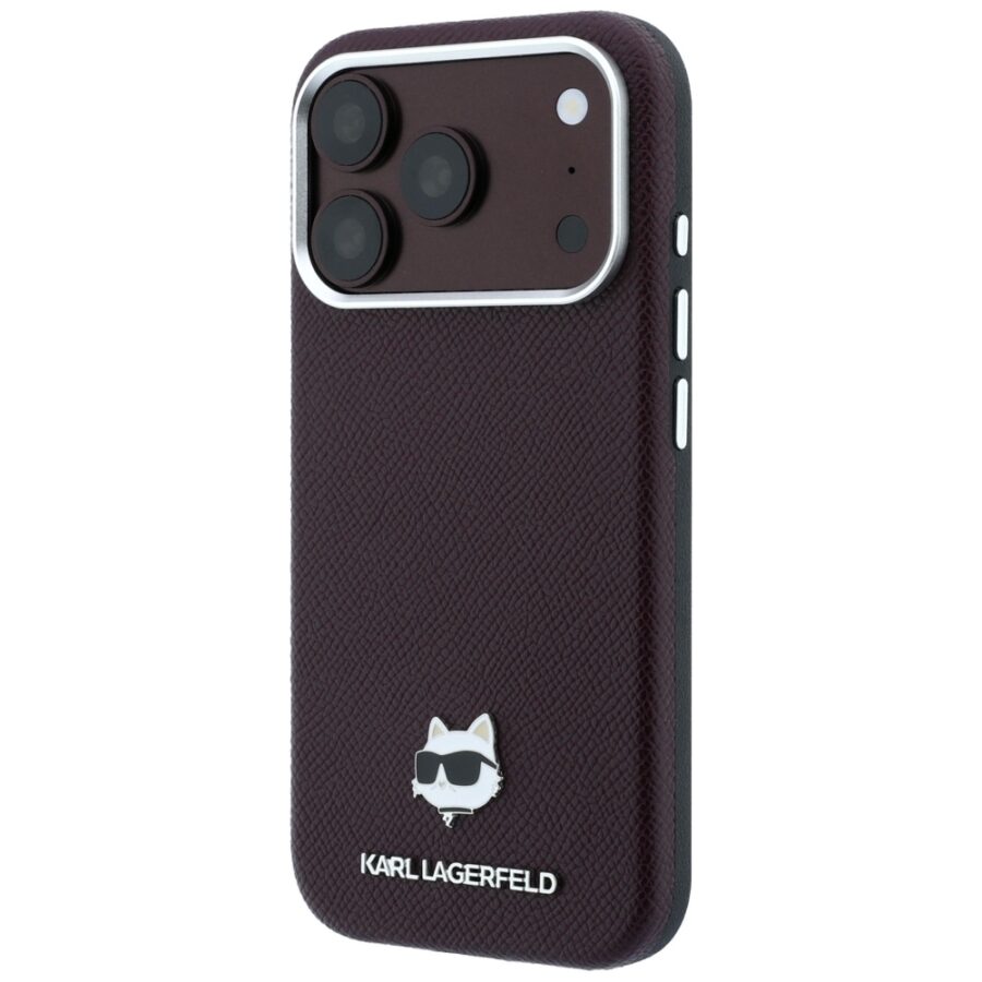Etui Karl Lagerfeld Grained Choupette Head Metal MagSafe do iPhone 18 Pro Max / 17 Pro Max burgundowy