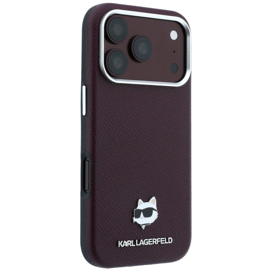 Etui Karl Lagerfeld Grained Choupette Head Metal MagSafe do iPhone 18 Pro Max / 17 Pro Max burgundowy