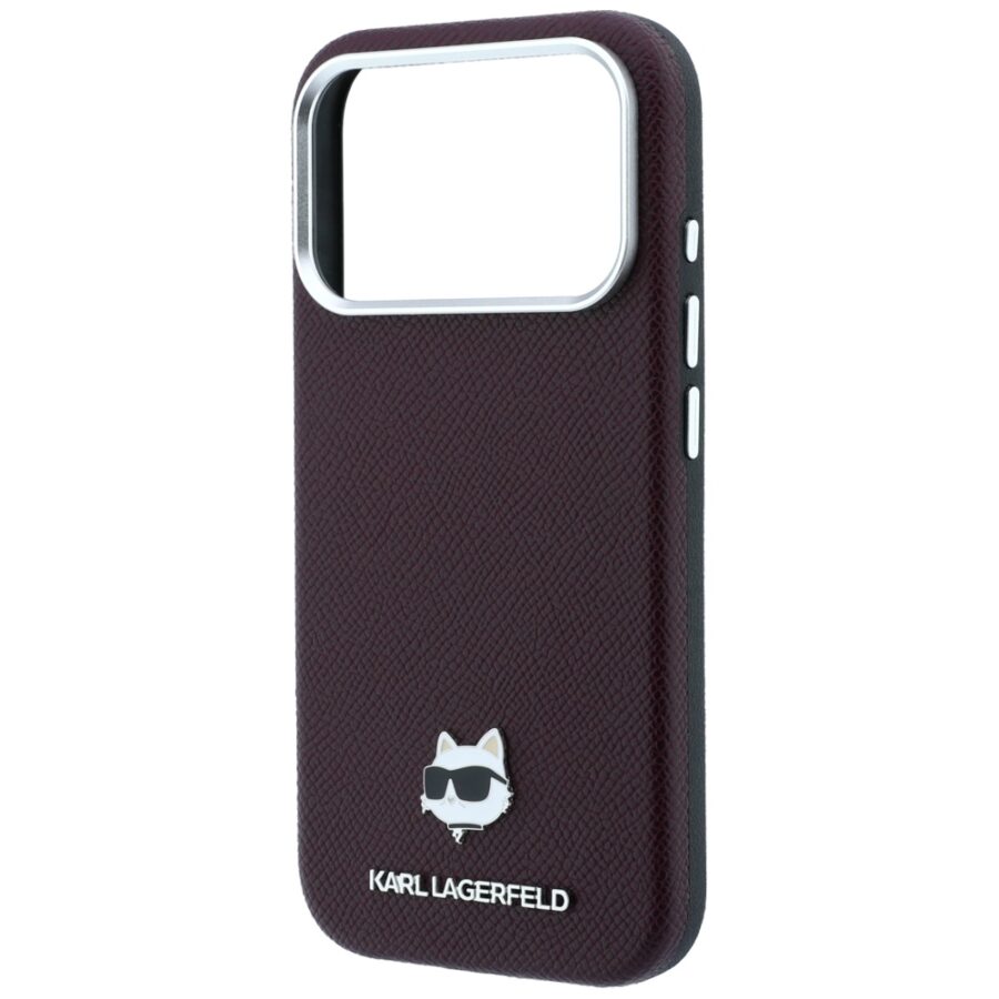 Etui Karl Lagerfeld Grained Choupette Head Metal MagSafe do iPhone 18 Pro Max / 17 Pro Max burgundowy