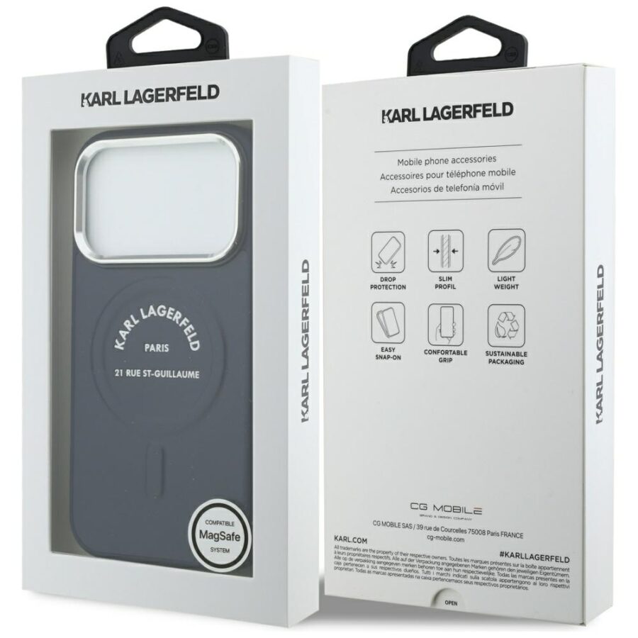 Etui Karl Lagerfeld Embossed Open Ring RSG Logo MagSafe do iPhone 18 Pro Max / 17 Pro Max niebieski