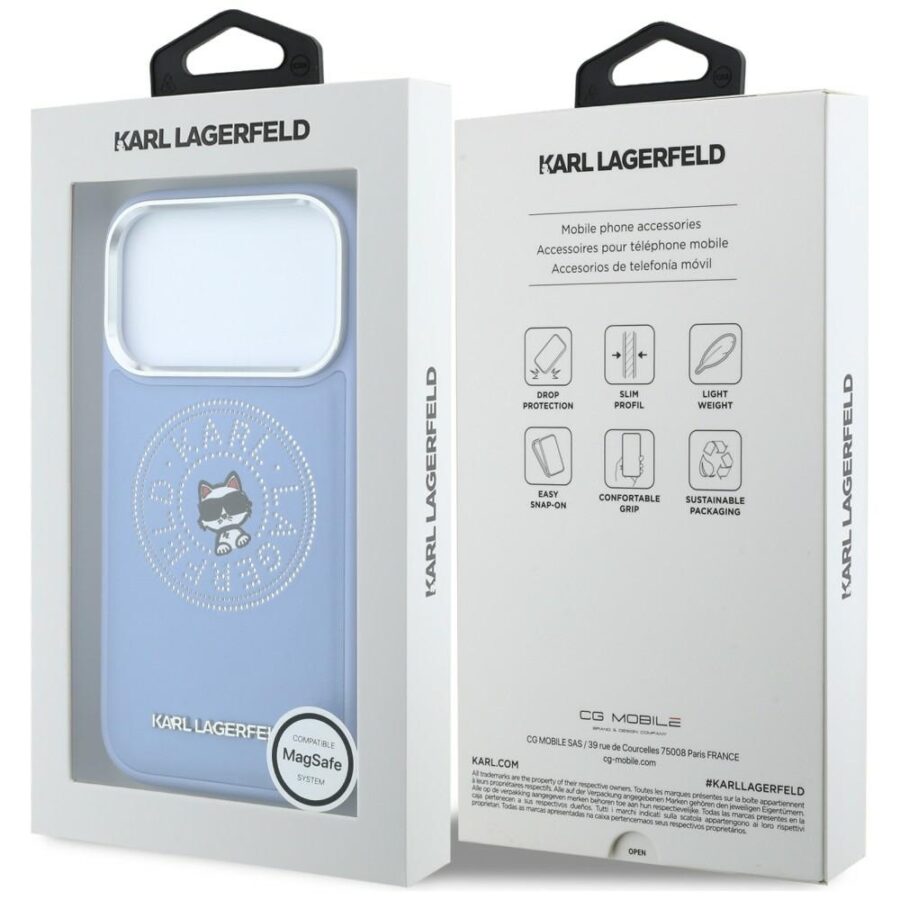 Etui Karl Lagerfeld Point & Choupette Sketch MagSafe do iPhone 18 Pro Max / 17 Pro Max niebieski