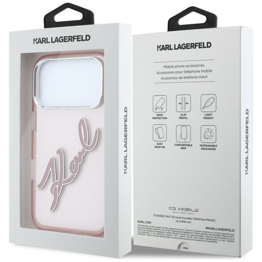 Etui Karl Lagerfeld IML Big Signature Resin Metal Frame do iPhone 18 Pro Max / 17 Pro Max różowy